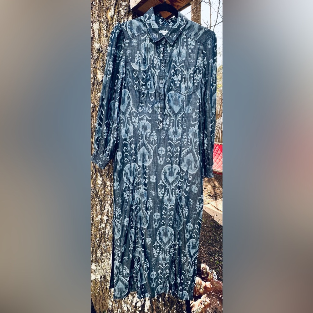 Chicos Women’s Denim Blue Tencel Ikat Pattern Shirt Dress